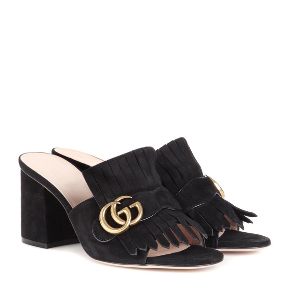 Gucci Shoes - Gucci Black Marmont Open-Toe Suede Leather Mid-Heel GG Mule Slide Sandals 36.5